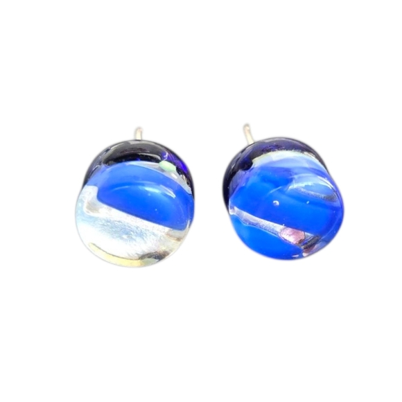 Vtg Murano Italy Round Glass Post Earrings Silver Blue Foil Artisan Jewelry - Picture 6 of 9
